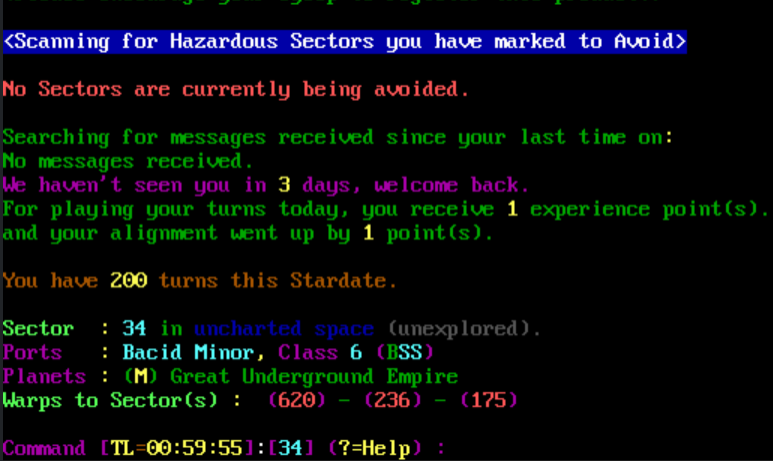 TradeWars 2002 original ANSI text terminal sector display