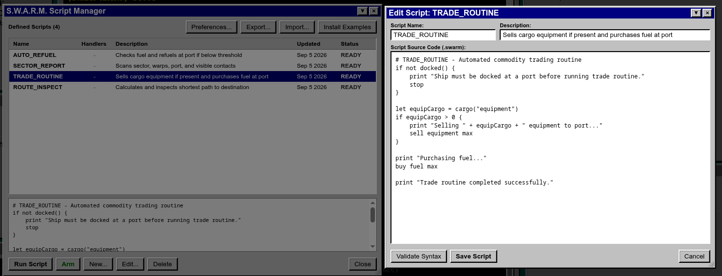 S.W.A.R.M. script manager and floating script editor showing an automation trade route