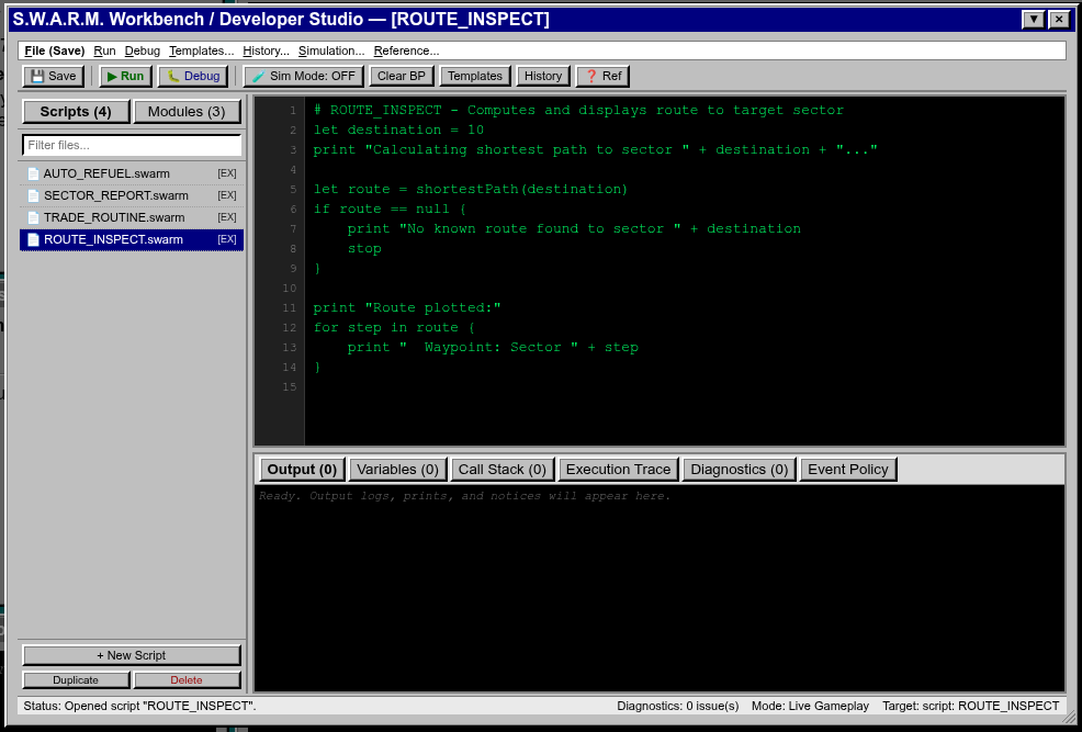 S.W.A.R.M. Workbench with automation source editor, script list, debugger tabs, and diagnostics panel