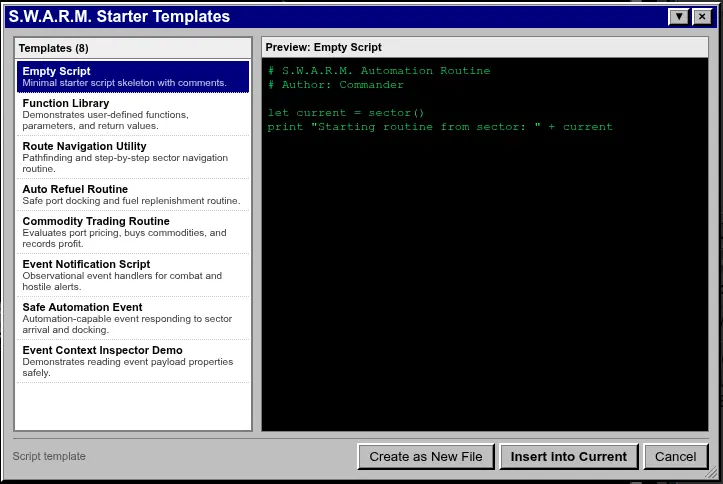 S.W.A.R.M. starter template browser with automation templates and a script preview