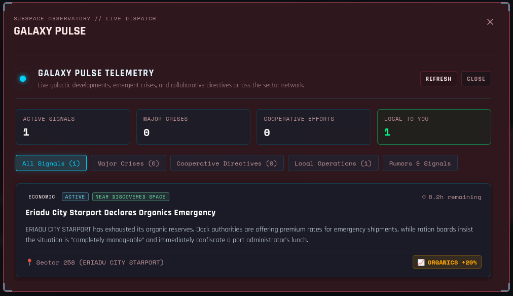 Galaxy Pulse observatory showing active signals, major crises, cooperative efforts, and a local economic emergency