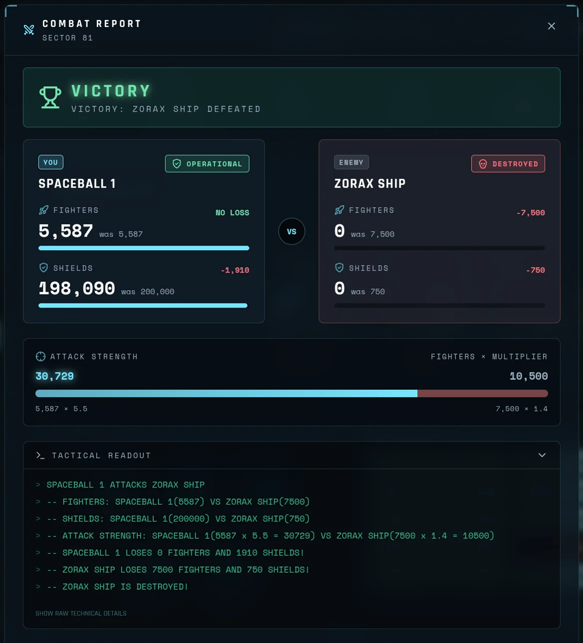 Sectorum React combat report showing the battle result, ship losses, attack strength comparison, and tactical readout