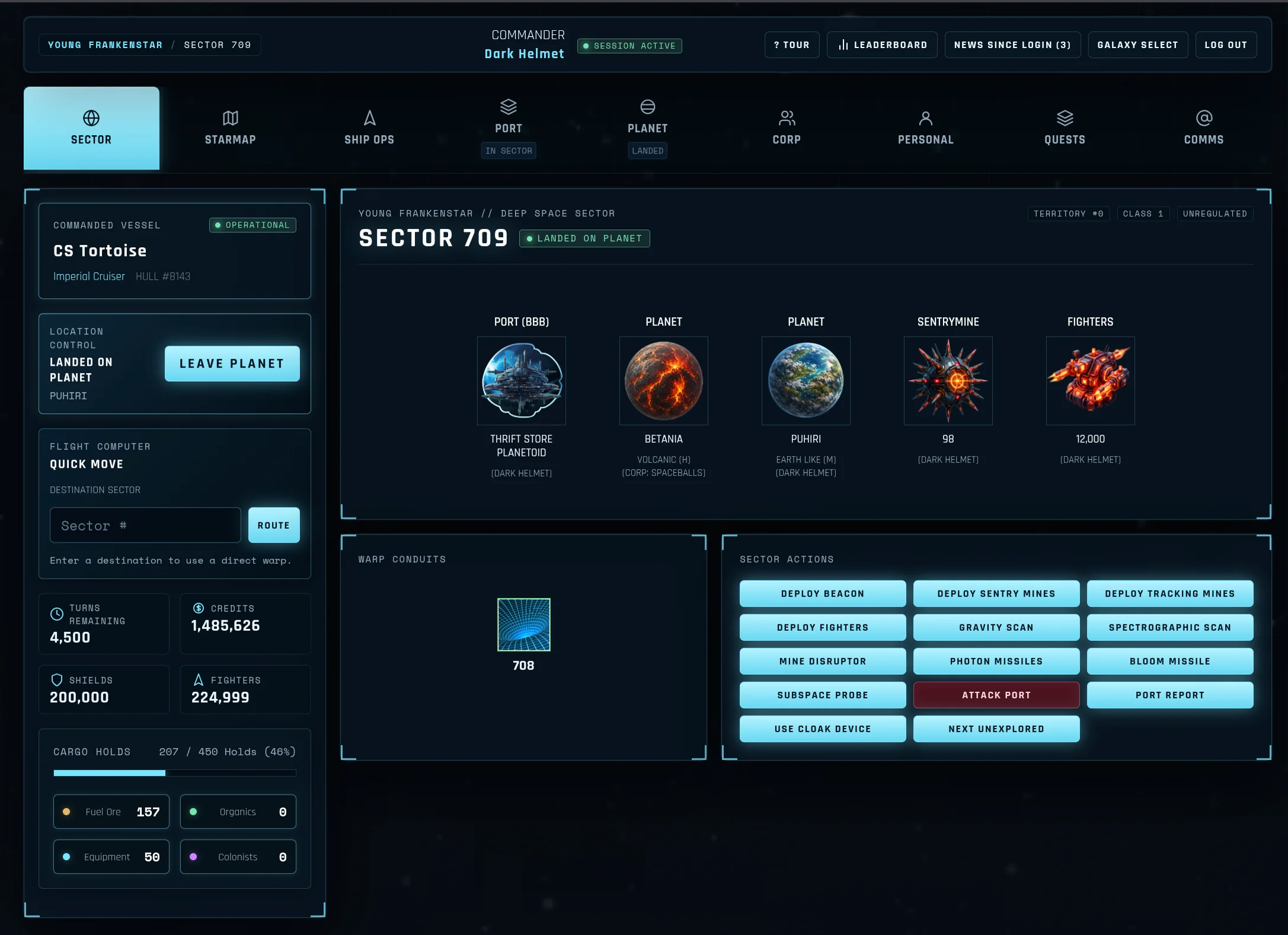 Sectorum React cockpit showing a populated sector, command ship, port, planets, ship resources, and sector actions