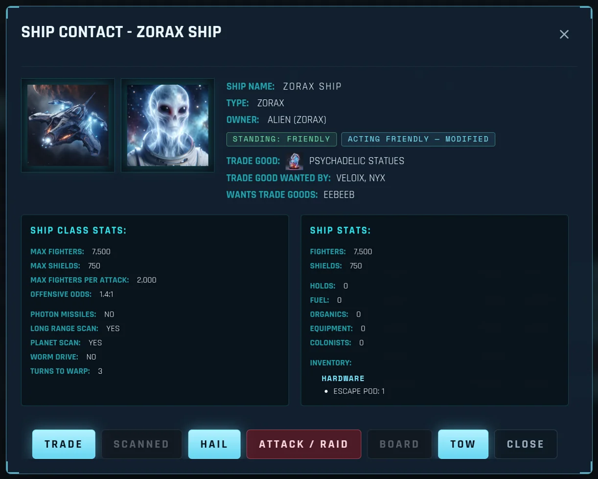 Sectorum React ship contact report with vessel details, ship class and status, inventory, and available actions
