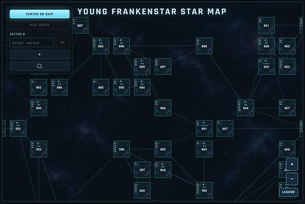 Sectorum React starmap with connected sector nodes, warp links, navigation controls, and zoom controls